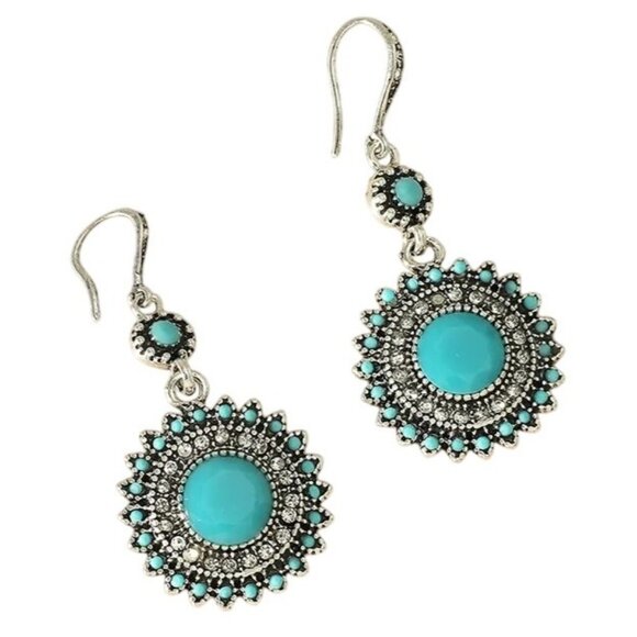 2/$24 Vintage-Inspired Turquoise & Silver Tone Sunburst Dangle Earrings - Picture 3 of 7